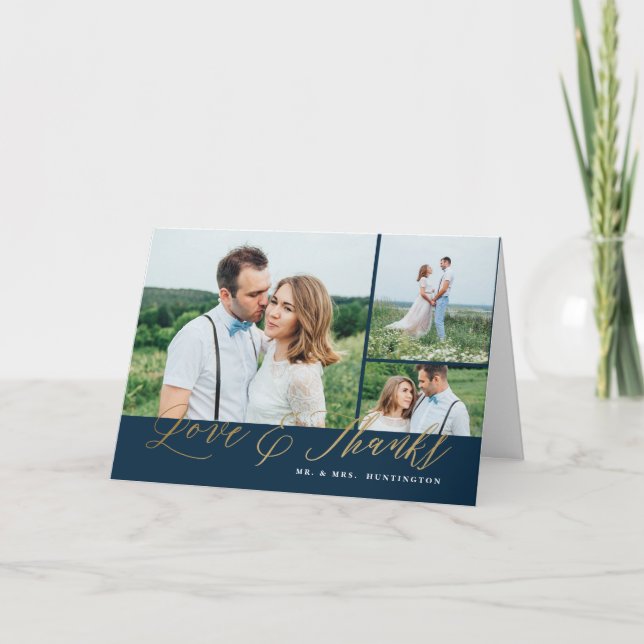 Cartes Pour Fêtes Annuelles Love and Thanks 3 Photo Gold Calligraphy Merci (Devant)