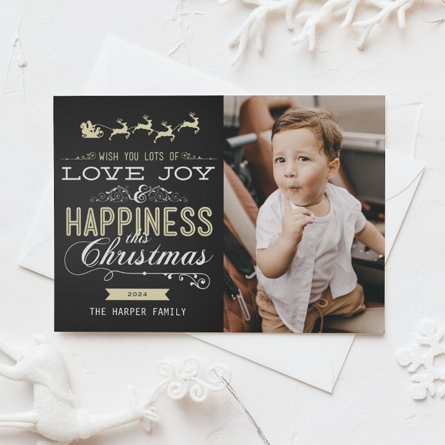 CARTES POUR FÊTES ANNUELLES LOVE JOY HAPPINESS CHALKBOARD CHRISTMAS PHOTO CARD (Créateur téléchargé)