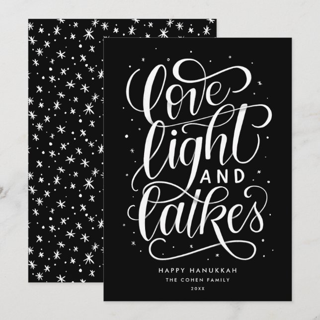 Cartes Pour Fêtes Annuelles Love Light et Latkes sur Black Hanoukka (Devant / Derrière)