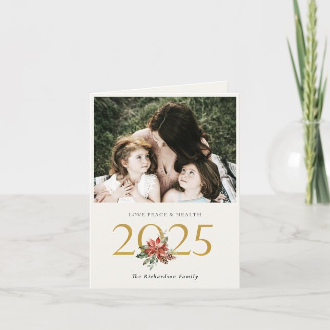Cartes Pour Fêtes Annuelles Love Peace Health Poinsettia Bunch Gold 2023 Photo (Devant)