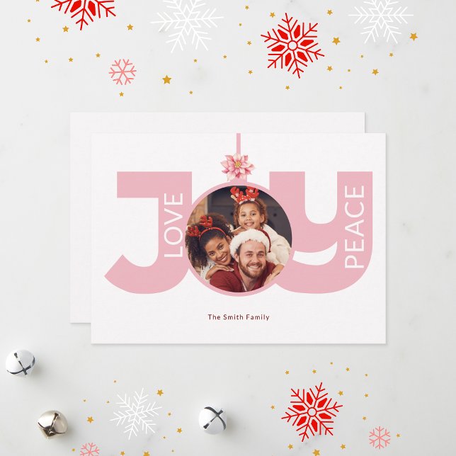 Cartes Pour Fêtes Annuelles Love Peace Joy Pink Poinsettia Photo de Noël (Créateur téléchargé)