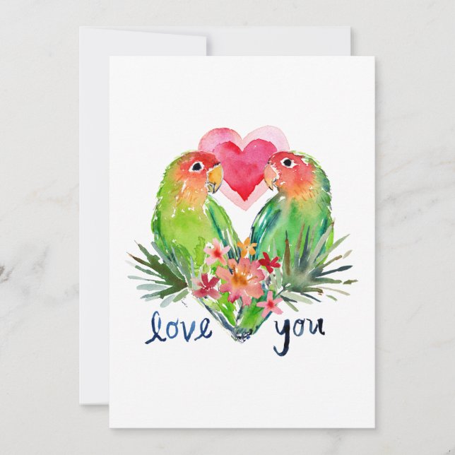 Cartes Pour Fêtes Annuelles LOVEY LOVEBIRDS Aquarelle tropicale Valentine (Devant)