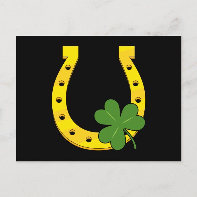 Cartes Pour Fêtes Annuelles Lucky Golden Horseshoe avec Shamrock sur noir (Devant)