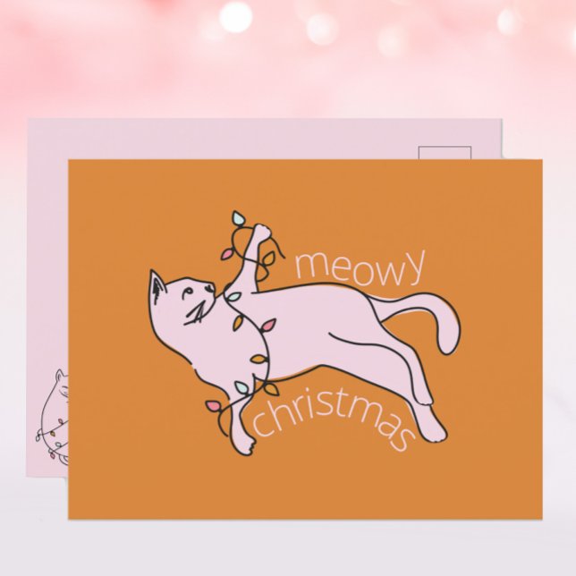 Cartes Pour Fêtes Annuelles Lumières de chats roses de Noël Meowy (Créateur téléchargé)