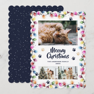 Cartes Pour Fêtes Annuelles Lumières de Noël Chat Bleu Pattes Photo Meowy