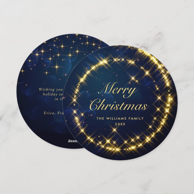 Cartes Pour Fêtes Annuelles Lumières de Noël étincelantes Gold Navy (Devant / Derrière)