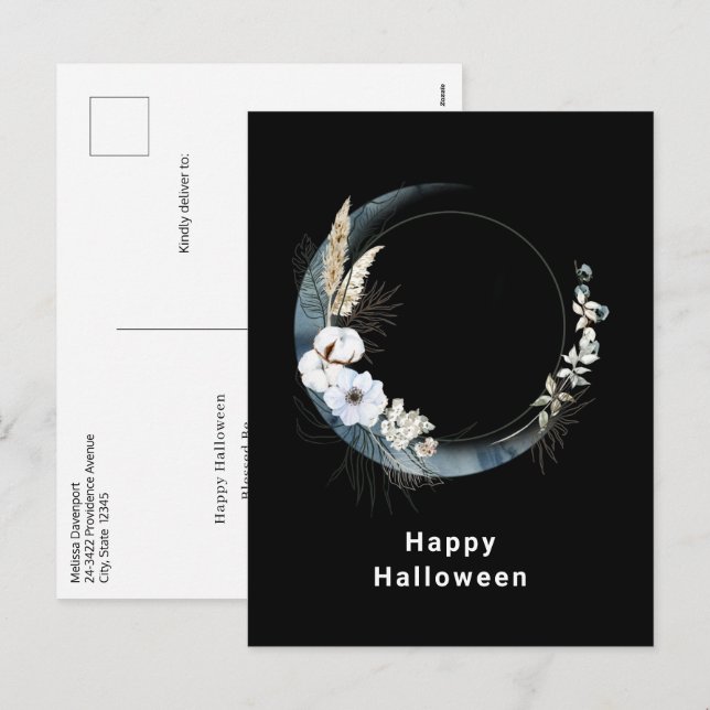 Cartes Pour Fêtes Annuelles Lune de croissant bleu avec fleurs blanches Hallow (Devant / Derrière)