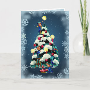 Cartes Pour Fêtes Annuelles LUTINS ORNANT L'ARBRE & ÉTOILES par SHARON SHARPE