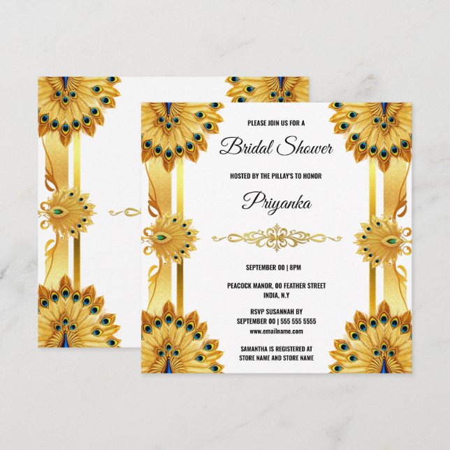 Cartes Pour Fêtes Annuelles Luxueux plumes paon ventilateur or blanc élégant (Devant / Derrière)