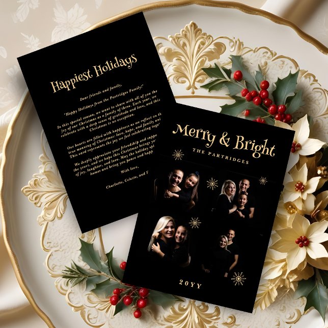 Cartes Pour Fêtes Annuelles Luxurious Black 6 Gold 4 Photos Collage Christmas  (Luxurious Black & Gold 4 Photos Collage Christmas Snowflakes Holidays Cards. )