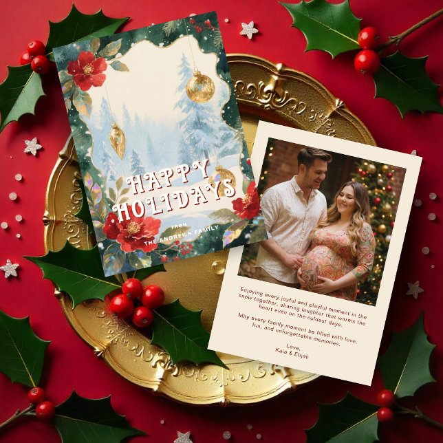 Cartes Pour Fêtes Annuelles Luxurious Red and Gold Christmas Ornament Photo (Winter Christmas Scene in Red Shades and Gold Christmas with Luxury Ornaments Holiday Card)