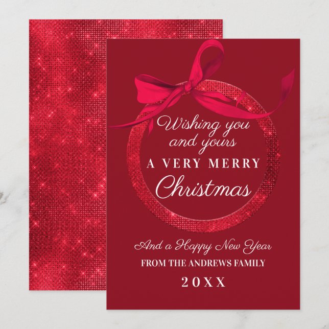 Cartes Pour Fêtes Annuelles Luxury Red Glitter Bow Ornament (Devant / Derrière)