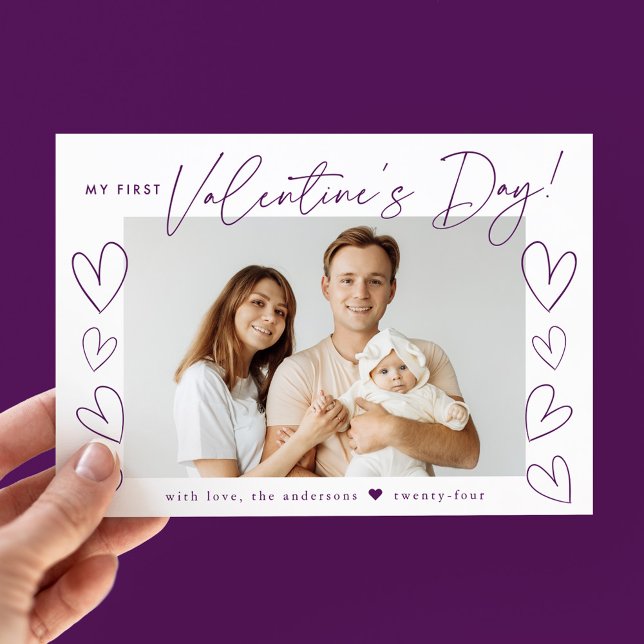 Cartes Pour Fêtes Annuelles Ma première Saint Valentin violet script photo (Créateur téléchargé)