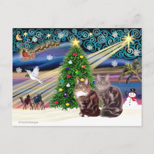 Cartes Pour Fêtes Annuelles Magie de Noël - Deux chats de Maine Coon (Devant)