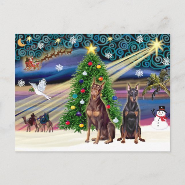 Cartes Pour Fêtes Annuelles Magie de Noël Doberman Pinschers (deux) (Devant)