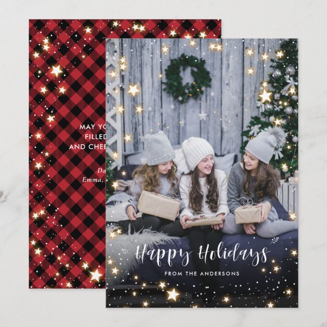 Cartes Pour Fêtes Annuelles Magique Buffle Rouge Plaid Neige Stars Photo (Devant / Derrière)
