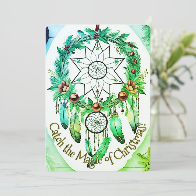 Cartes Pour Fêtes Annuelles Magique Dreamcatcher Noël Wreath Tons verts (Debout devant)