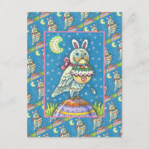 CARTES POUR FÊTES ANNUELLES MAGIQUE OWL & EASTER BASKET, OISEAU D'ART FOLK BLA