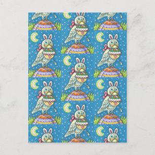 CARTES POUR FÊTES ANNUELLES MAGIQUE OWL & EASTER BASKET, OISEAU D'ART FOLK BLA