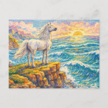 Magnifique cheval blanc sur la falaise au coucher