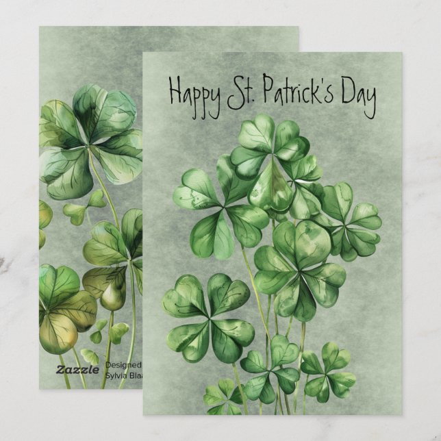 Cartes Pour Fêtes Annuelles Magnifique trèfle à l'aquarelle verte (Devant / Derrière)