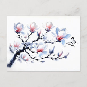 Cartes Pour Fêtes Annuelles Magnolia avec Papillon asiatique peinture à l'encr
