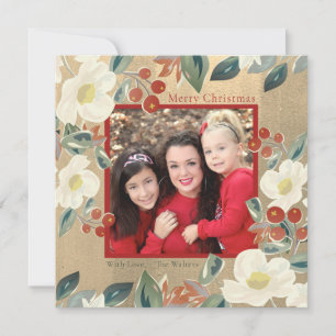 Cartes Pour Fêtes Annuelles Magnolia & Red Berry Gold Classic Photo Noël