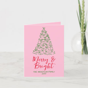 Cartes Pour Fêtes Annuelles Main dessinée Écrite Red Pink Bows Arbre Noël
