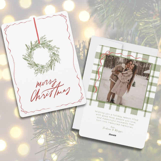 Cartes Pour Fêtes Annuelles Main fantaisiste Levée de la couronne photo Noël (Whimsical Hand Drawn Wreath Photo Christmas Holiday Card)