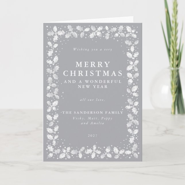 Cartes Pour Fêtes Annuelles Main grise imprimé Holly Feuille frontière non pho (Devant)