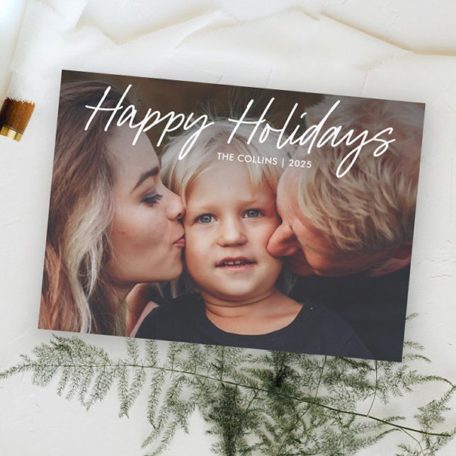 Cartes Pour Fêtes Annuelles Main moderne Lettré 2 photo (Minimal Hand Lettered 2 Photo Holiday Cards.)
