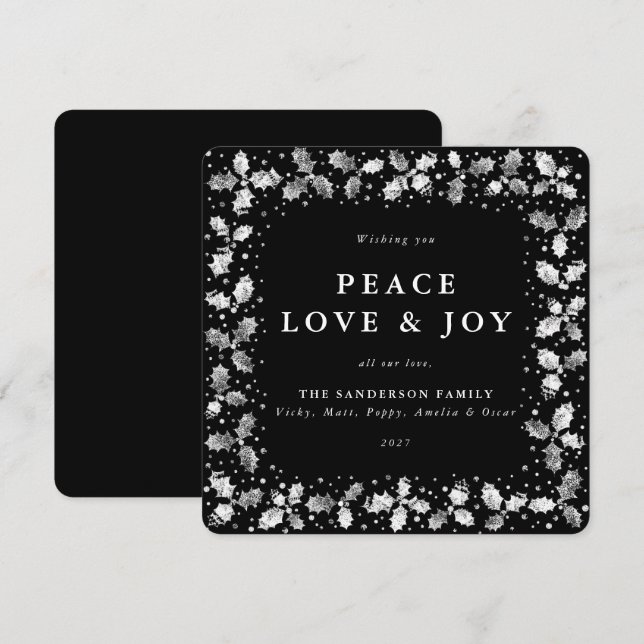 Cartes Pour Fêtes Annuelles Main noire carré imprimée Holly Peace Love + Joy (Devant / Derrière)