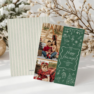 Cartes Pour Fêtes Annuelles Main Whimsical Verte Tirée Joyeuses Vacances 2 Pho