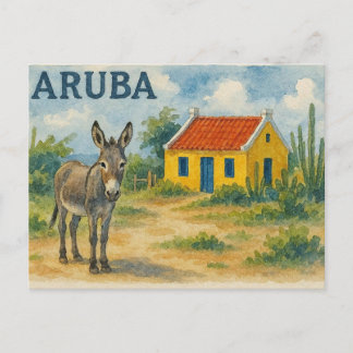Cartes Pour Fêtes Annuelles Maison cunucu jaune d'Aruba avec âne aquarelle
