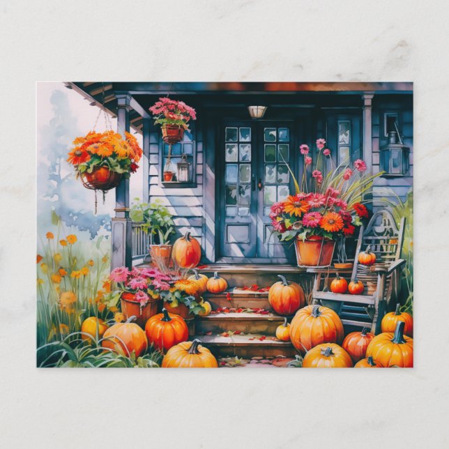 Cartes Pour Fêtes Annuelles Maison de campagne avec Citrouilles et fleurs Hall (Devant)