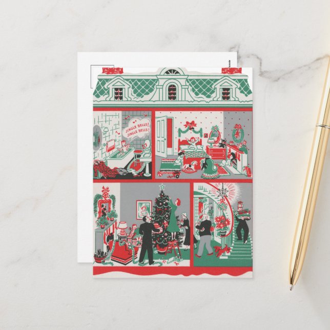 Cartes Pour Fêtes Annuelles maison de Noël rétro festive (Devant/Arrière en situation)