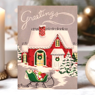 Cartes Pour Fêtes Annuelles Maison de Noël Vintage Dans la Neige Salutations