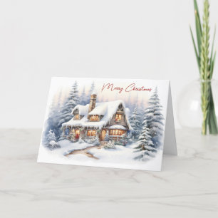 Cartes Pour Fêtes Annuelles Maison de Noël Watercolor avec neige