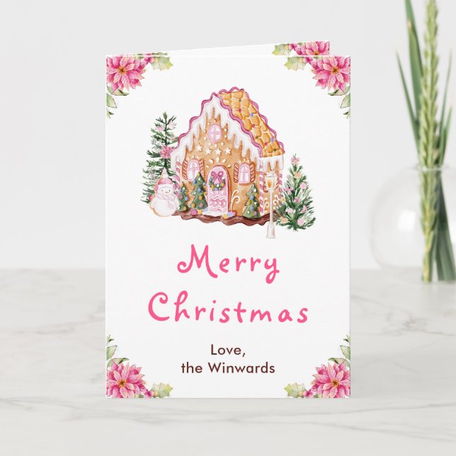 Cartes Pour Fêtes Annuelles Maison en pain d'épices rose Joyeux Noël (Devant)