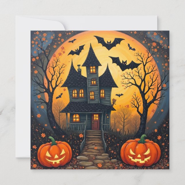 Cartes Pour Fêtes Annuelles Maison Hantée de la nuit d'Halloween, Citrouille (Devant)