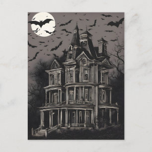 Cartes Pour Fêtes Annuelles Maison hantée Éffrayante avec chauves-souris volan
