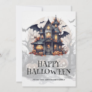 Cartes Pour Fêtes Annuelles Maison hantée effrayante Chauves-souris Citrouille