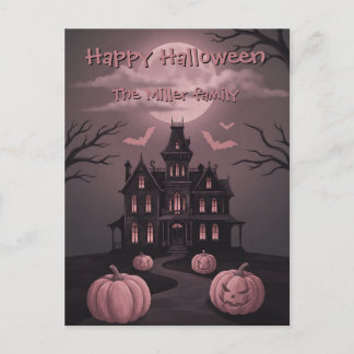 Cartes Pour Fêtes Annuelles Maison Hantée Nom de Famille Personnalisé & Lune R