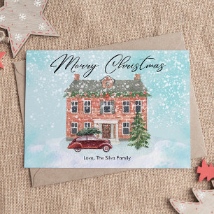 Cartes Pour Fêtes Annuelles Maison mignonne et Noël plat neigeux