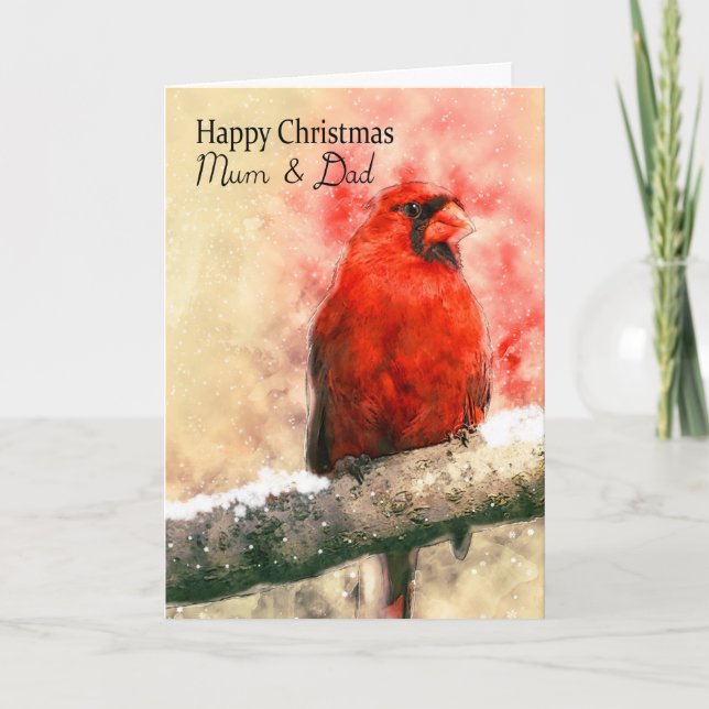 Cartes Pour Fêtes Annuelles Maman & Papa, aquarelle Oiseau cardinal de Noël su (Devant)
