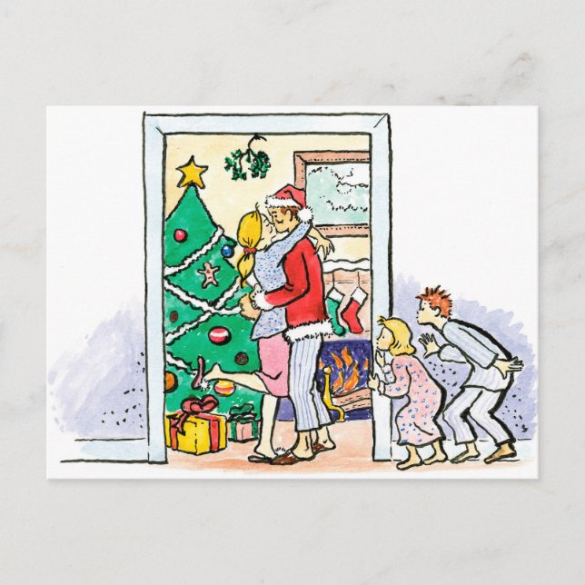 Cartes Pour Fêtes Annuelles Maman rétro embrasser le Père Noël (Devant)