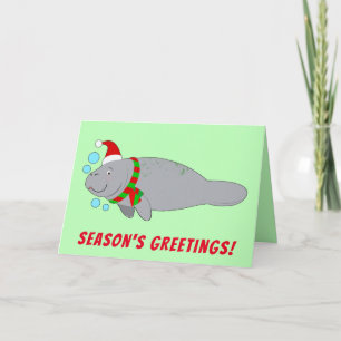 Cartes Pour Fêtes Annuelles Manatee à Santa Hat et Bonnes Fêtes d'écharpe