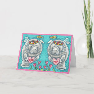 CARTES POUR FÊTES ANNUELLES MANATEE CUPID, BUBBLES & COEURS COLORÉ VALENTINE
