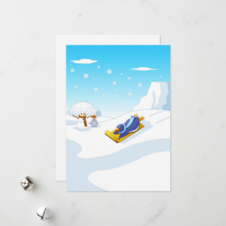 Cartes Pour Fêtes Annuelles Manchot de dessin animé en s'amusant l'hiver