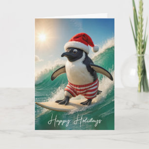 Cartes Pour Fêtes Annuelles Manchot de Noël surfant sur une vague